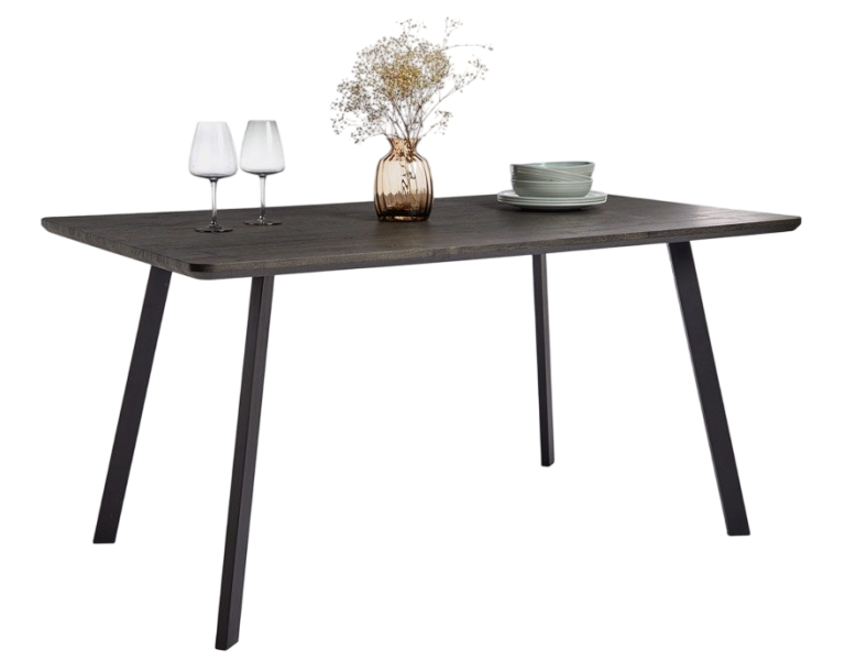 Nordic design dining table with wooden legs holding a tray and a bowl of fruits.