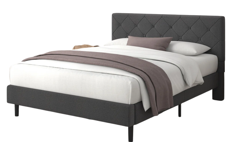 A stylish grey upholstered bed with a tufted headboard and sturdy slat.