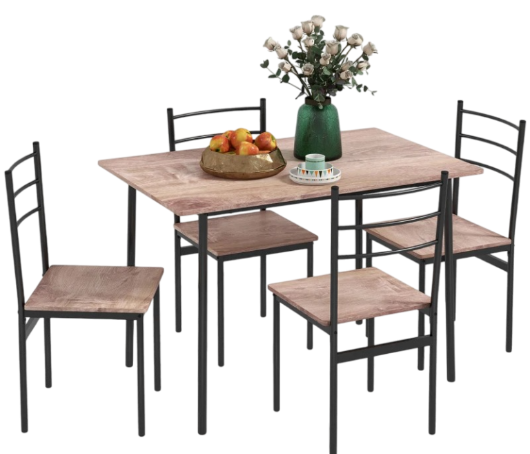 Round grey tabletop with a black, geometric metal base.