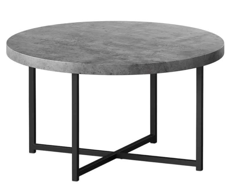 Round grey tabletop with a black, geometric metal base.