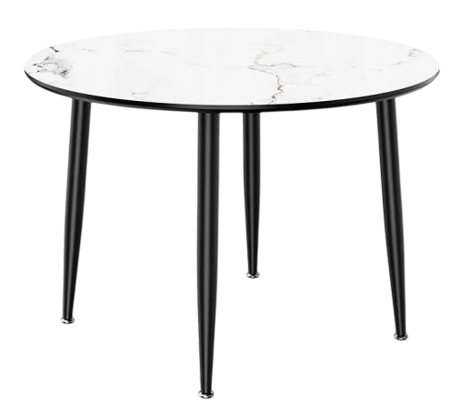 Nordic design dining table with wooden legs holding a tray and a bowl of fruits.
