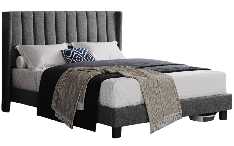 A stylish grey upholstered bed with a tufted headboard and sturdy slat.