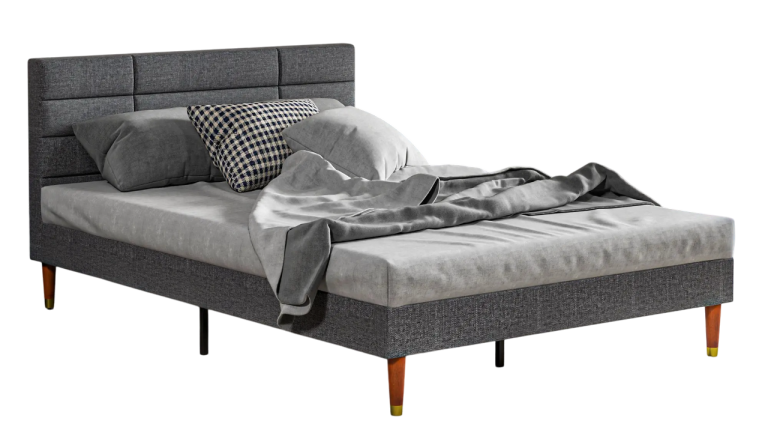 A stylish grey upholstered bed with a tufted headboard and sturdy slat.