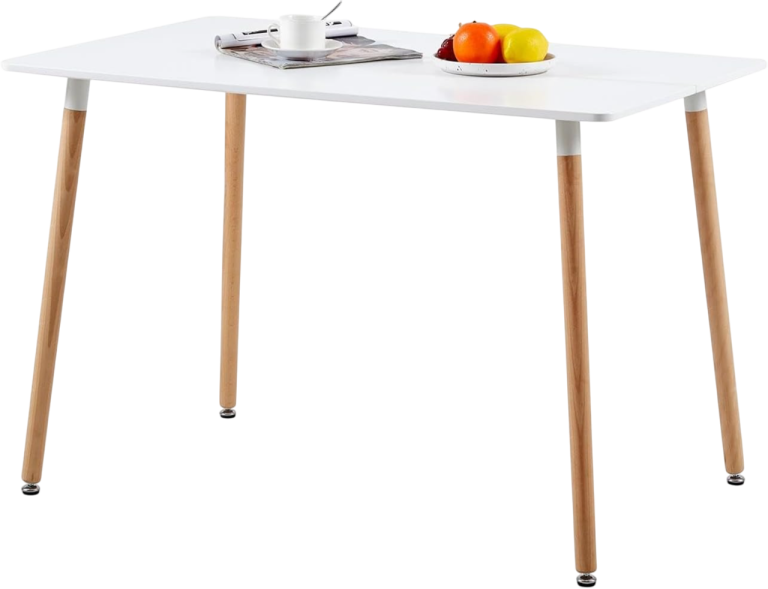 Nordic design dining table with wooden legs holding a tray and a bowl of fruits.