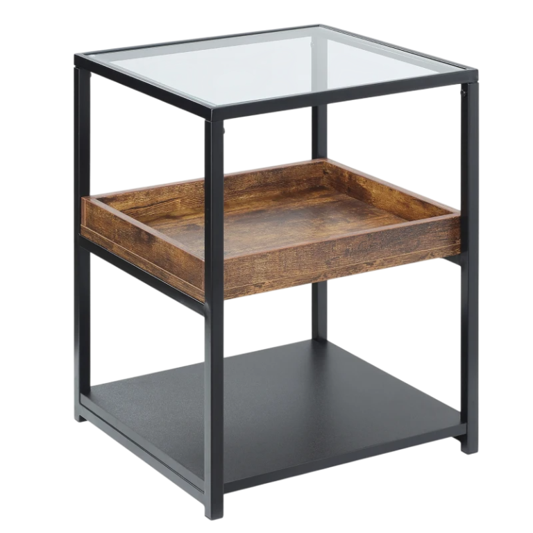 Round grey tabletop with a black, geometric metal base.