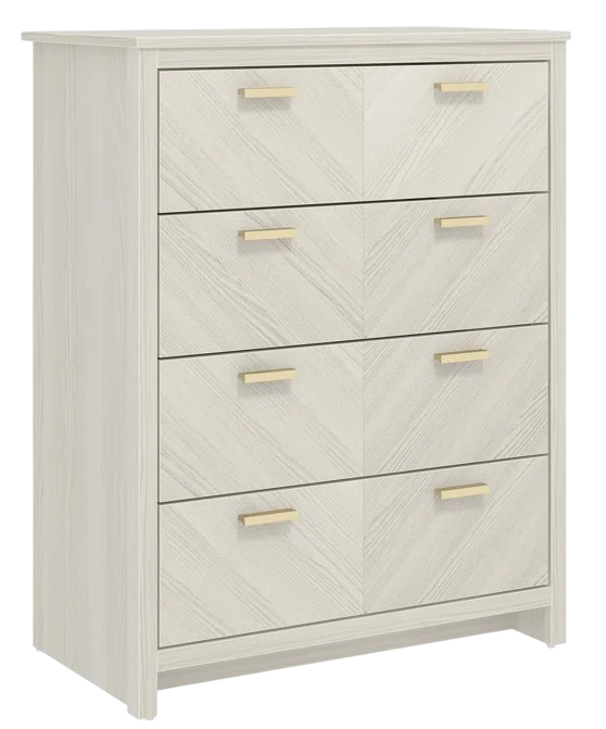 Modern chest of drawers with wooden accents and five white drawers on wooden legs.