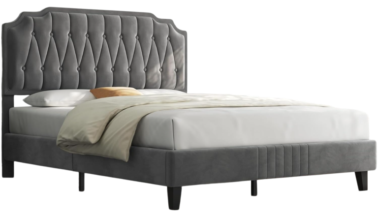 Round grey tabletop with a black, geometric metal base.