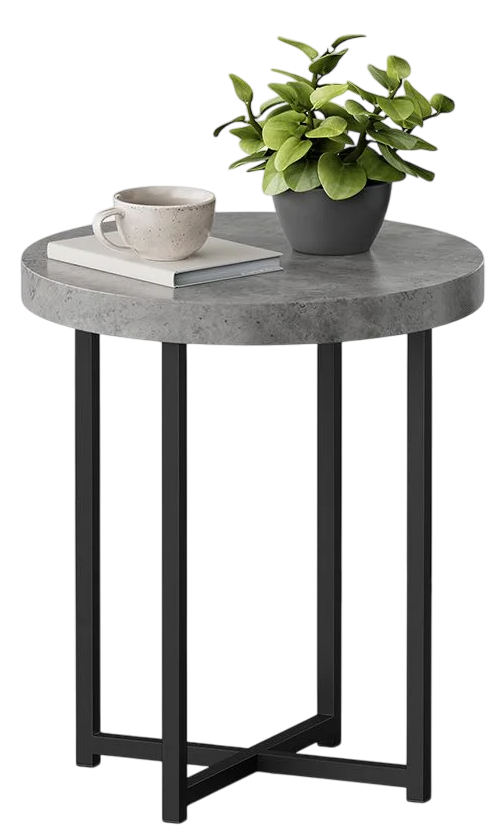 Round grey tabletop with a black, geometric metal base.