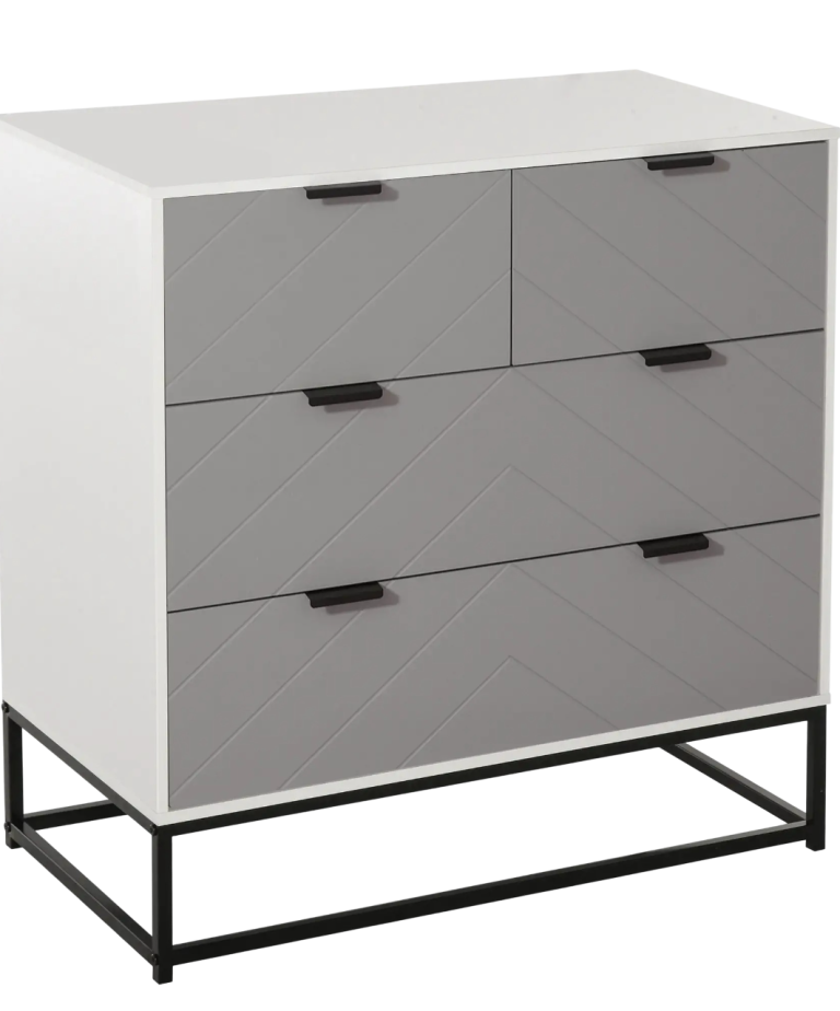Modern chest of drawers with wooden accents and five white drawers on wooden legs.
