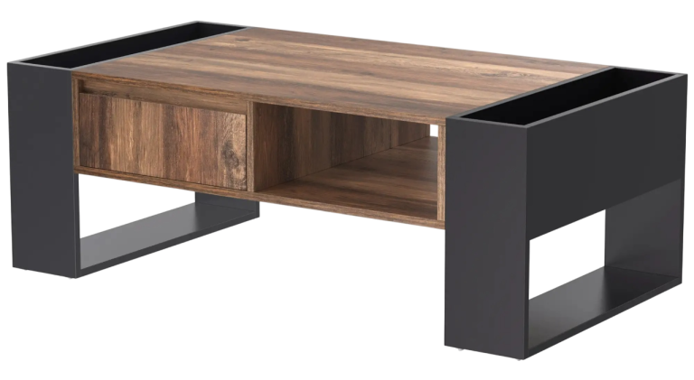 Round grey tabletop with a black, geometric metal base.