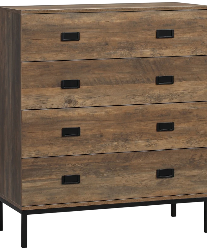 Modern chest of drawers with wooden accents and five white drawers on wooden legs.