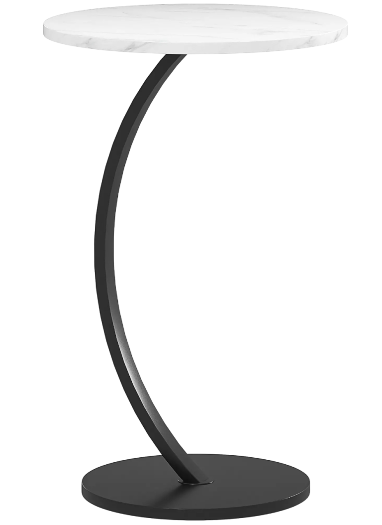 Round grey tabletop with a black, geometric metal base.